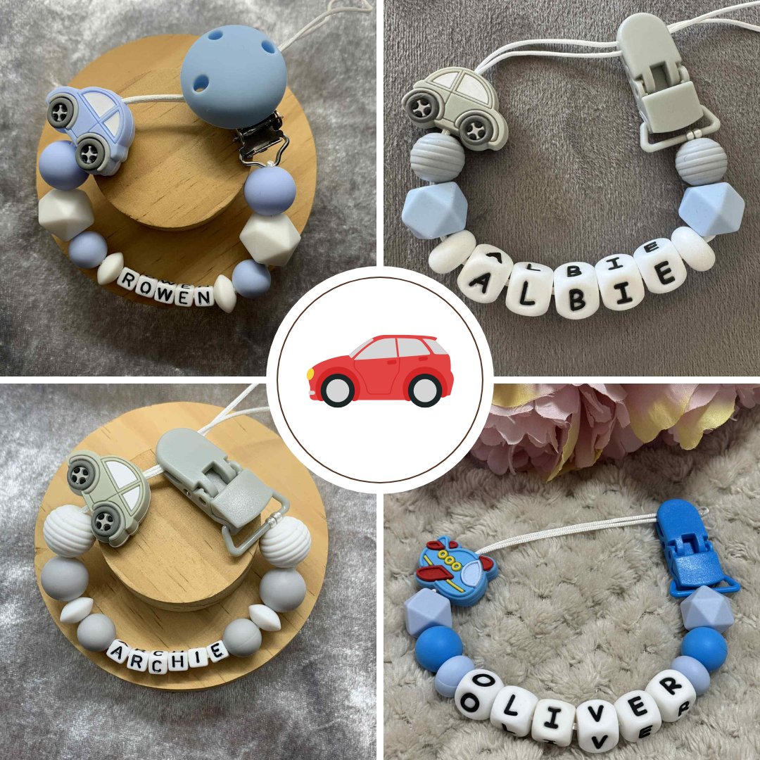 4 designs of handmade dummy clips made by ttcreations. All Featuring Silicone beads and car designs.