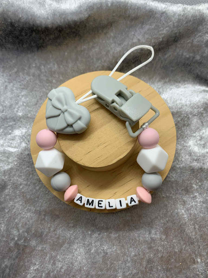 Personalised Heart Dummy Clip for Baby Girls – Custom Name