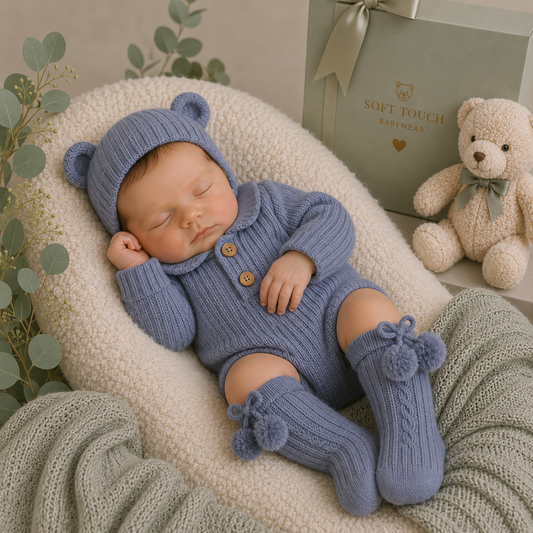 Newborn baby in a blue knitted outfit with bear ears, lying on a soft surface with a teddy bear and gift box in the background.