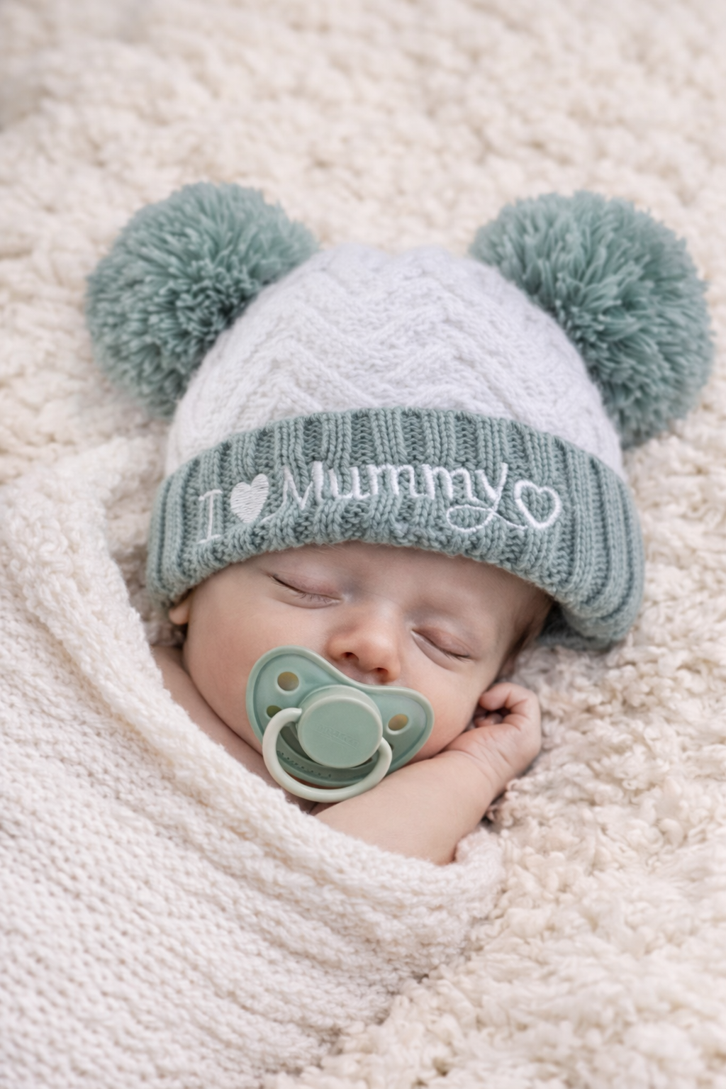 Sleeping newborn baby wrapped in a cream blanket wearing a sage green double pom pom knit hat with “I Love Mummy” embroidery