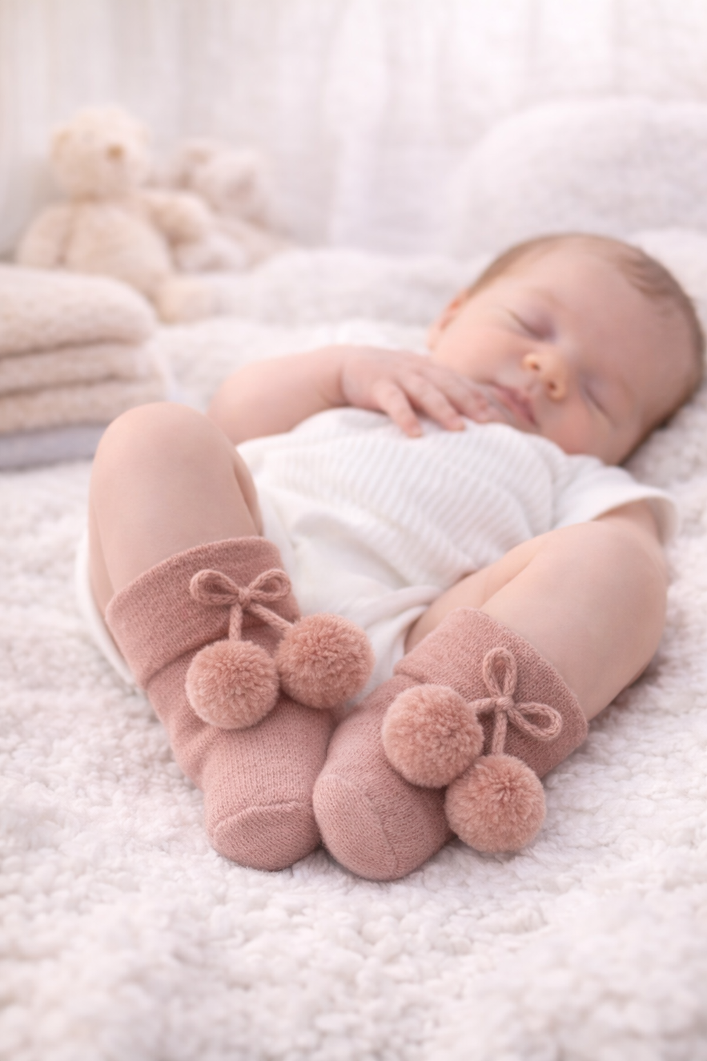 Dusty rose newborn pom-pom socks worn by baby, soft knit with bow detail