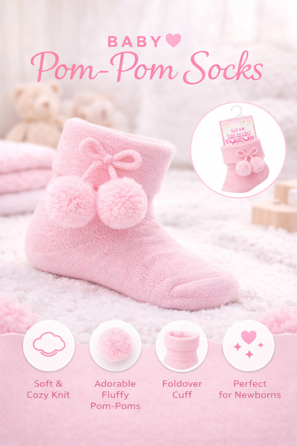 Cozy newborn baby wearing pink pom-pom socks on plush bedding
