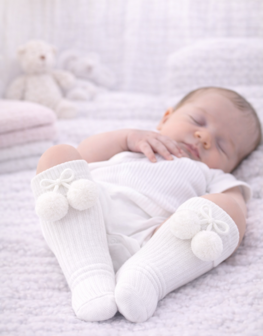White Knee High Pom Pom Socks - Adorable Baby Socks 0-24 Months