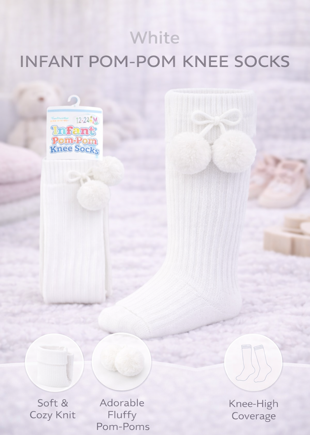 White Knee High Pom Pom Socks - Adorable Baby Socks 0-24 Months