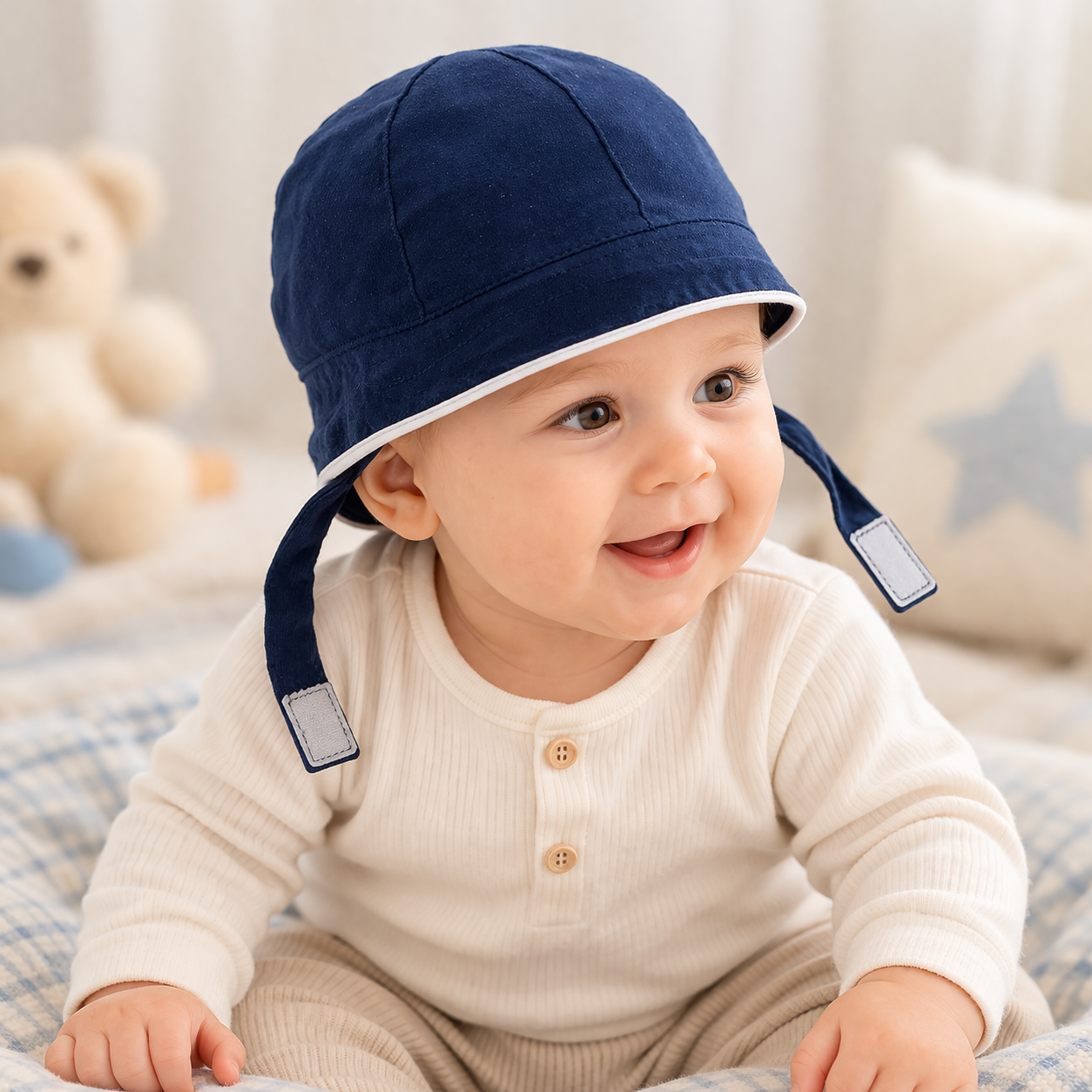 Baby wearing a navy blue hat with white trim, sitting on a soft surface with a teddy bear in the background.