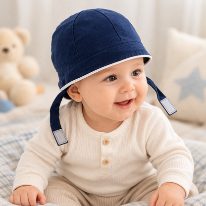 Baby wearing a navy blue hat with white trim, sitting on a soft surface with a teddy bear in the background.