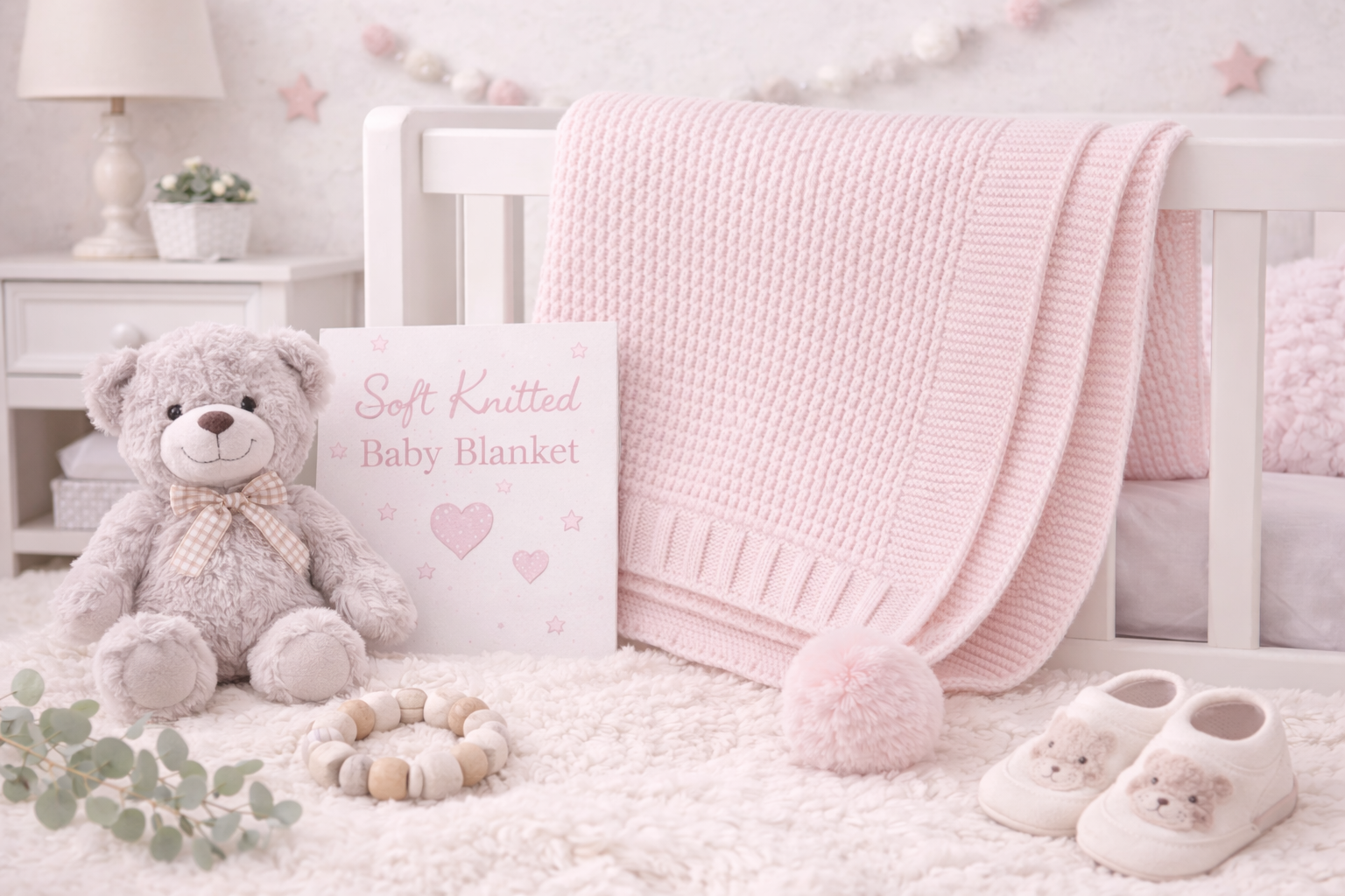 Baby room with pink knitted blanket, teddy bear, and baby shoes on a white floor.