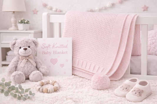 Baby room with pink knitted blanket, teddy bear, and baby shoes on a white floor.