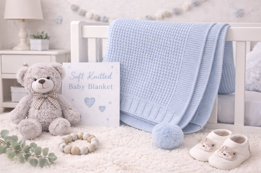 Baby room with soft knitted baby blanket, teddy bear, and baby shoes on a white bed.
