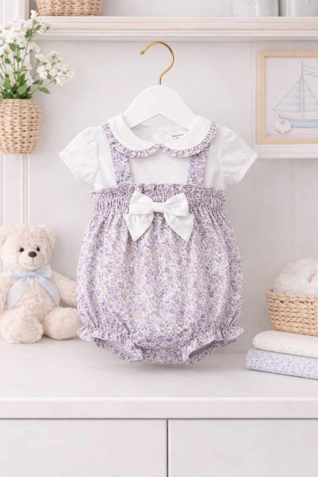 Spanish Baby Girl Floral Bubble Romper Set with Bow - Lilac & White 🌸👶