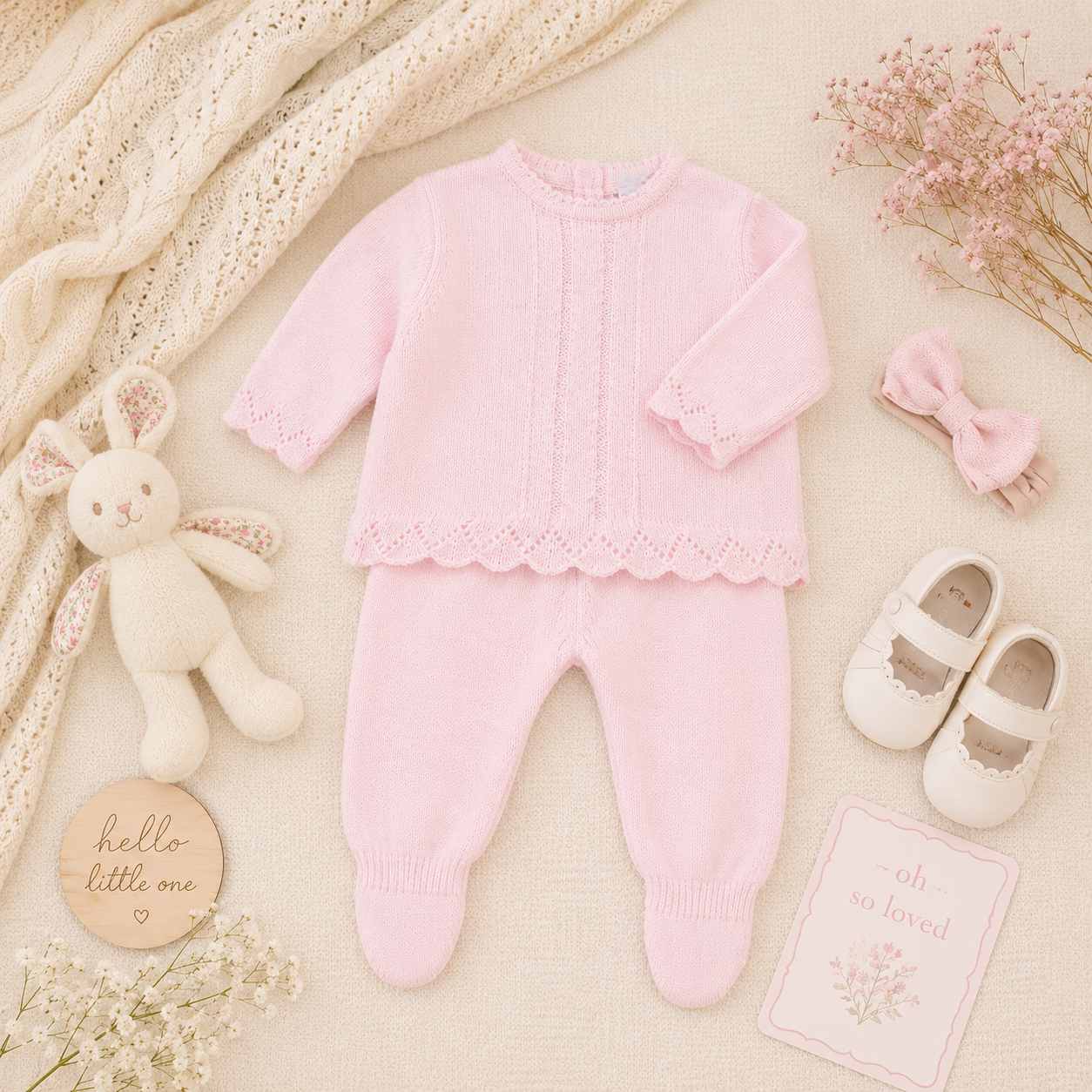 Pink baby outfit with shoes, teddy bear, and card on a soft beige background