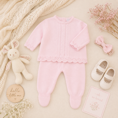 Pink baby outfit with shoes, teddy bear, and card on a soft beige background