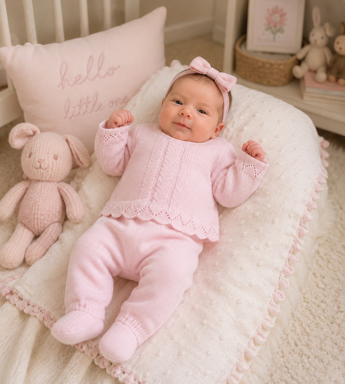 Baby in pink outfit lying on a soft surface with a 'hello little one' pillow and stuffed animal.