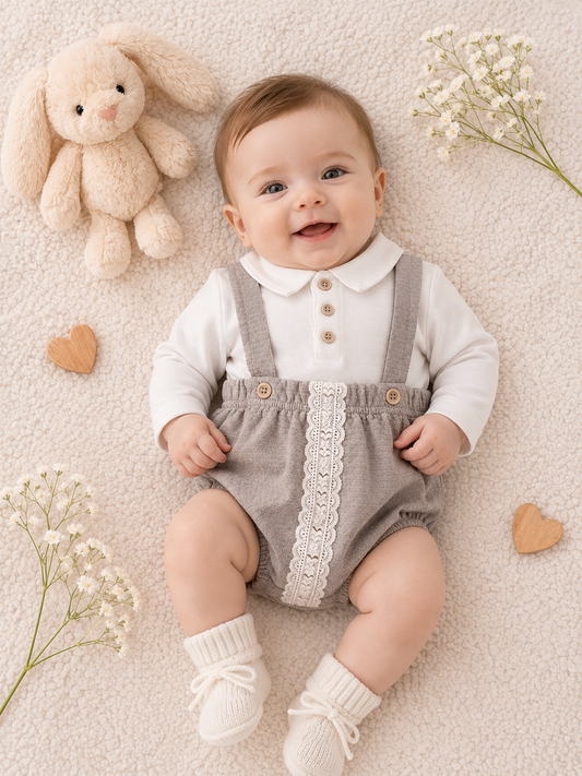 2-Piece Spanish Baby Romper Set | Grey Lace Trim & Peter Pan Collar