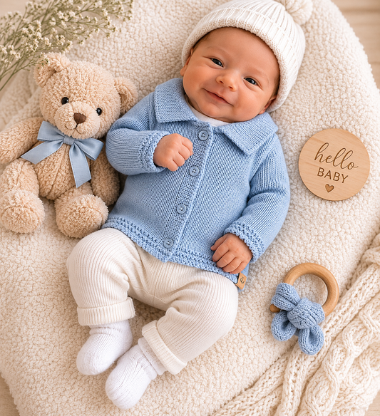 Baby in blue knitted outfit with teddy bear and teething ring on beige blanket