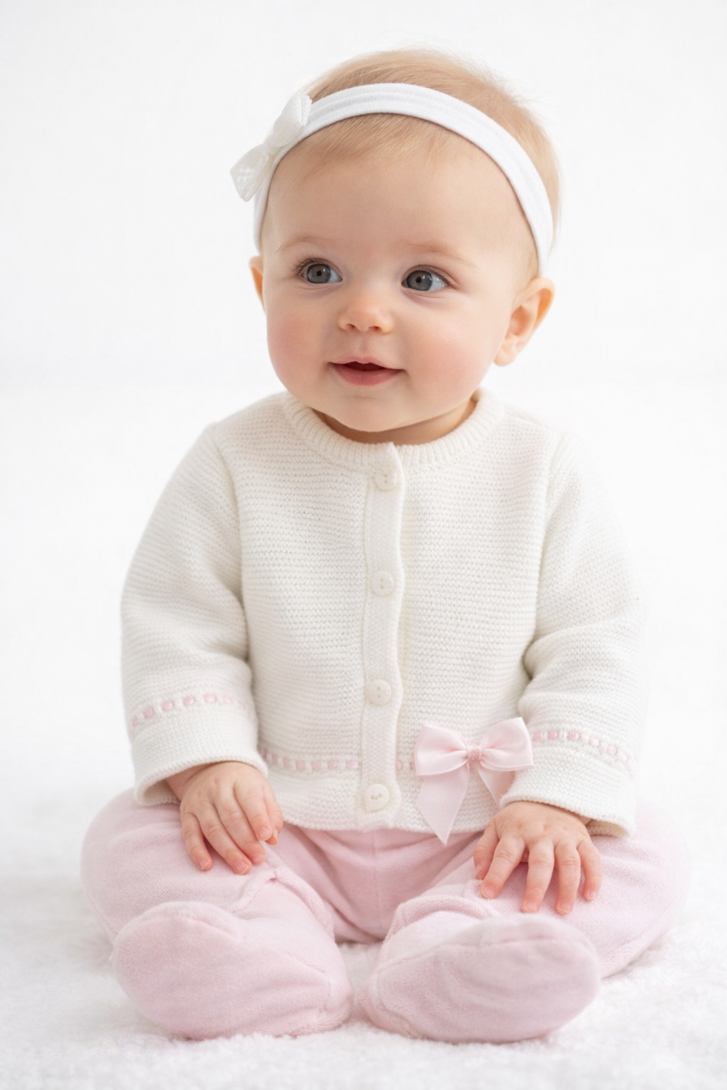 Spanish Knit Baby Girl Cardigan with Pink Bow - White 🤍🏻