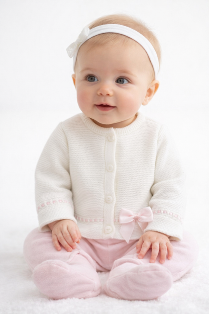 Spanish Knit Baby Girl Cardigan with Pink Bow - White 🤍🏻