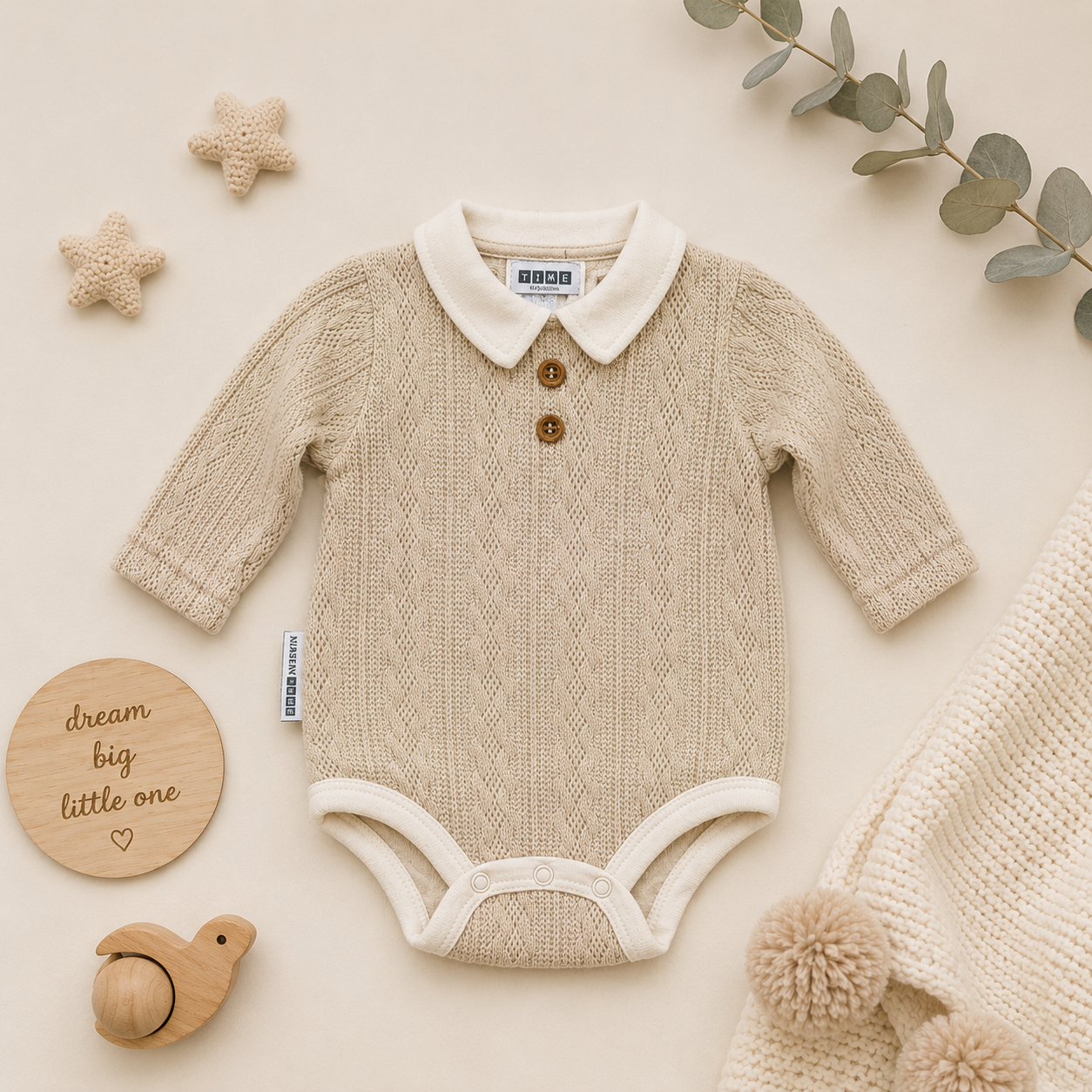 Beige knitted baby romper with white collar and buttons on a neutral background