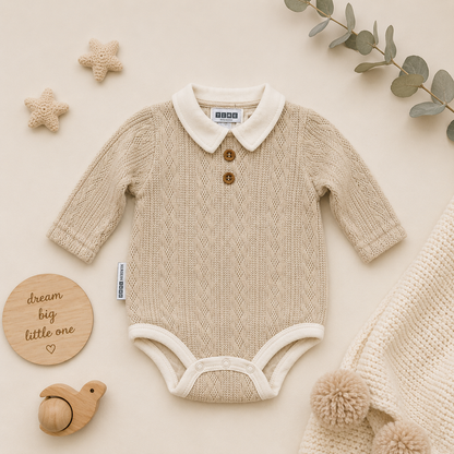 Beige knitted baby romper with white collar and buttons on a neutral background