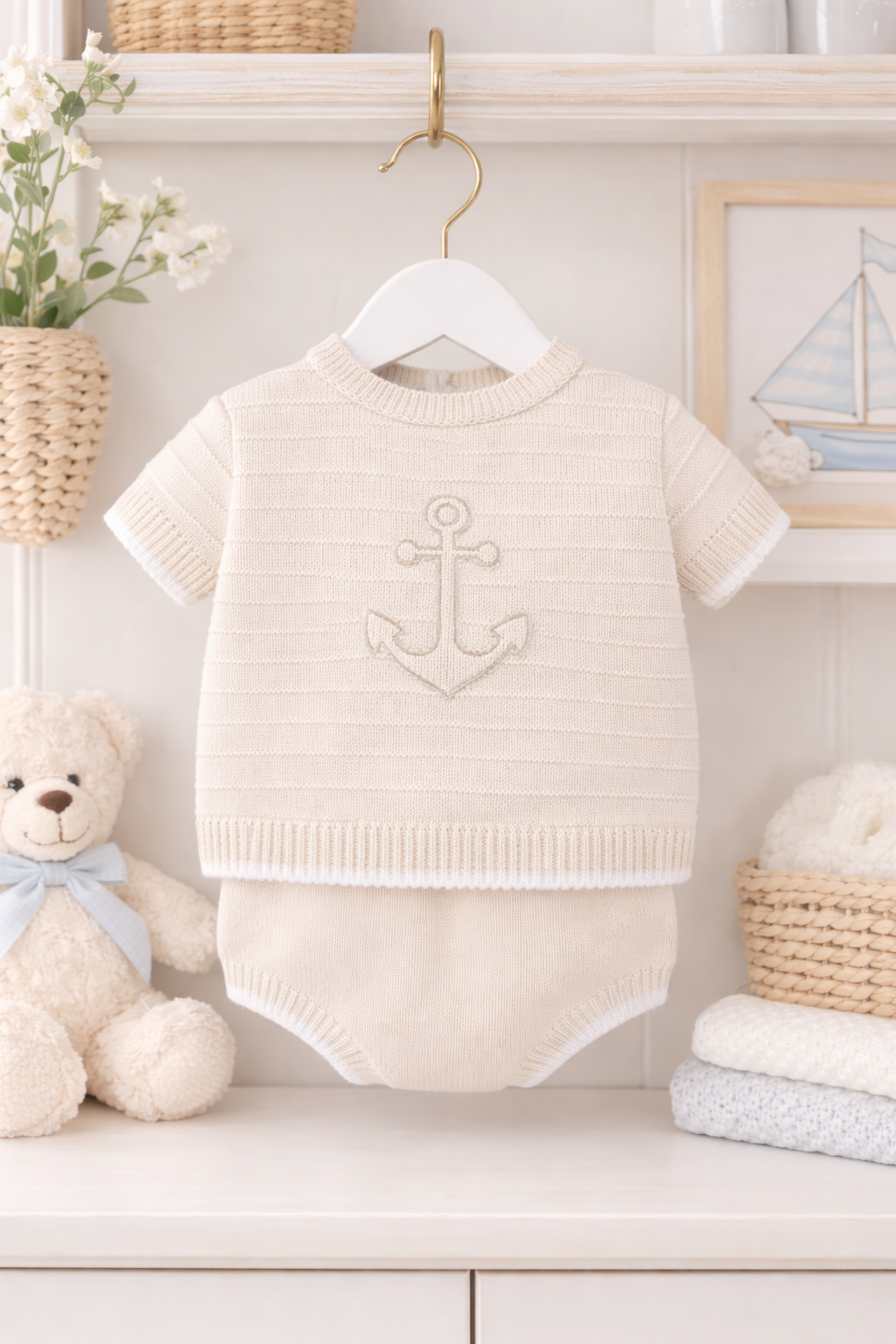 Beige baby romper with anchor design on a hanger against a white wall with decorative items.