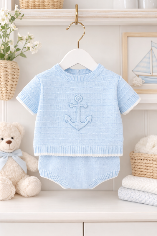 Spanish Knitted Baby Boy Anchor Set - Blue 2 Piece Outfit ⚓💙