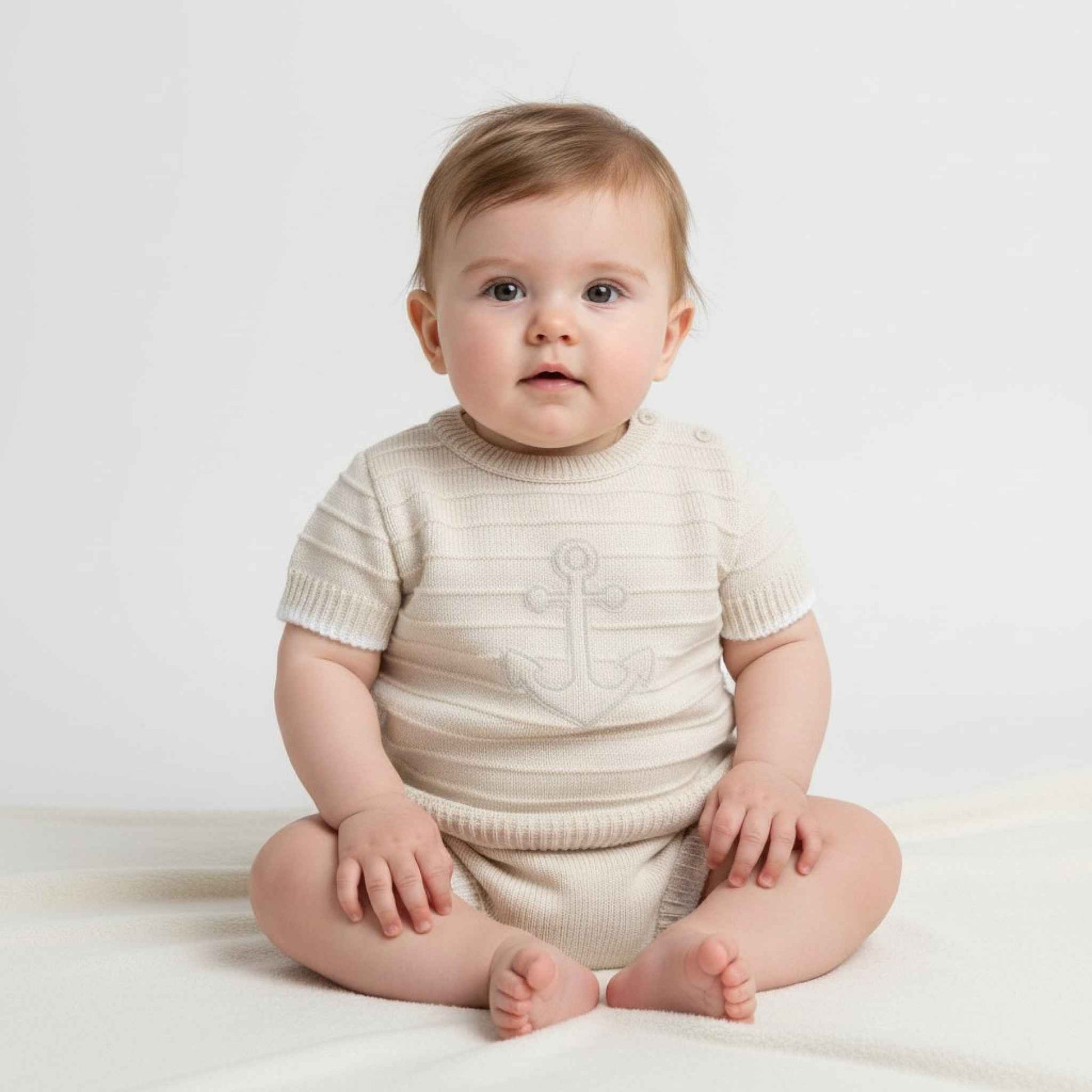Spanish Knitted Baby Boy Anchor Set - Beige 2 Piece Outfit ⚓💟