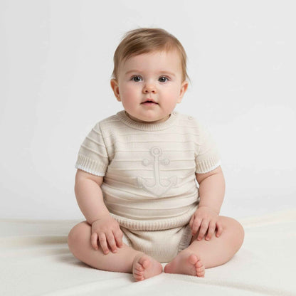 Spanish Knitted Baby Boy Anchor Set - Beige 2 Piece Outfit ⚓💟