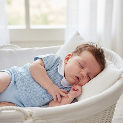 Baby sleeping in a white crib with a soft focus background