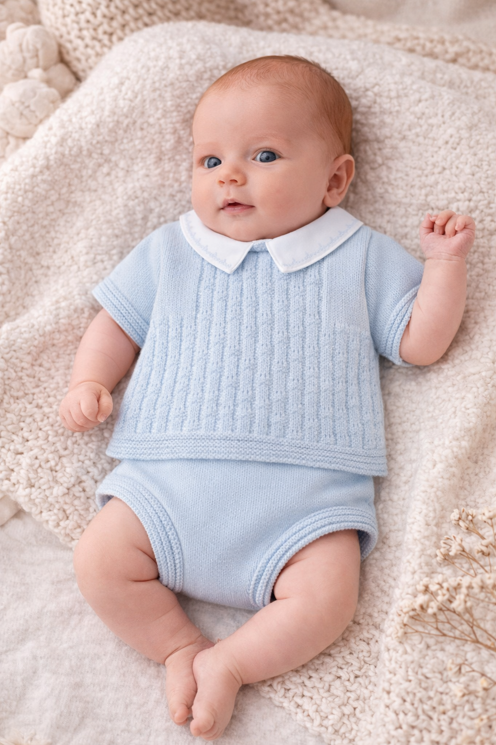 Baby wearing a light blue outfit with a white collar on a soft beige blanket.