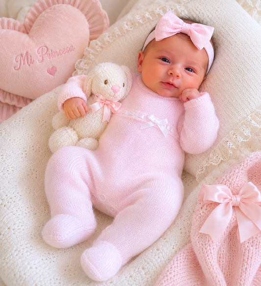 Newborn baby in pink outfit with bow and heart-shaped pillow