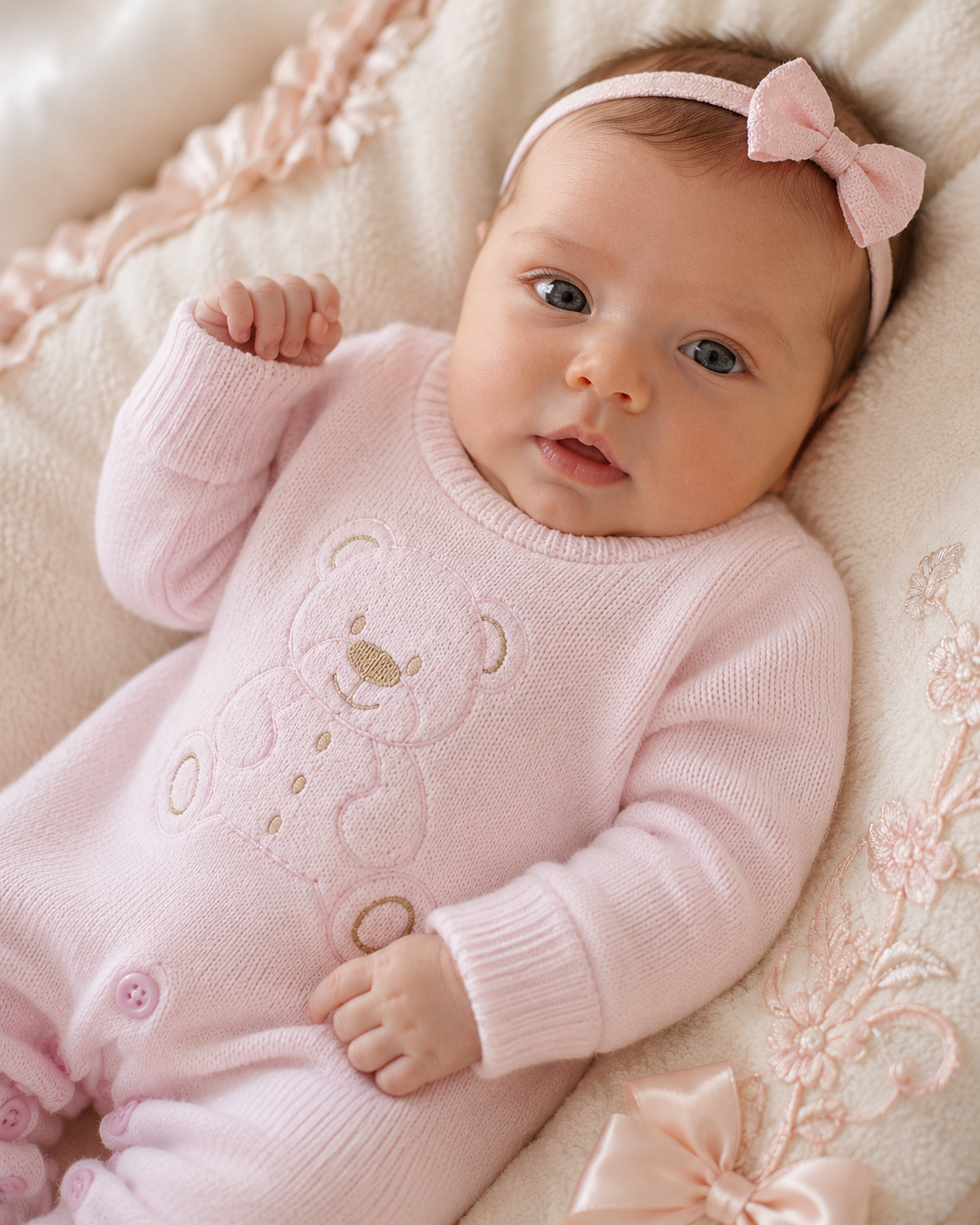 Baby in a pink outfit with a bow headband on a soft surface