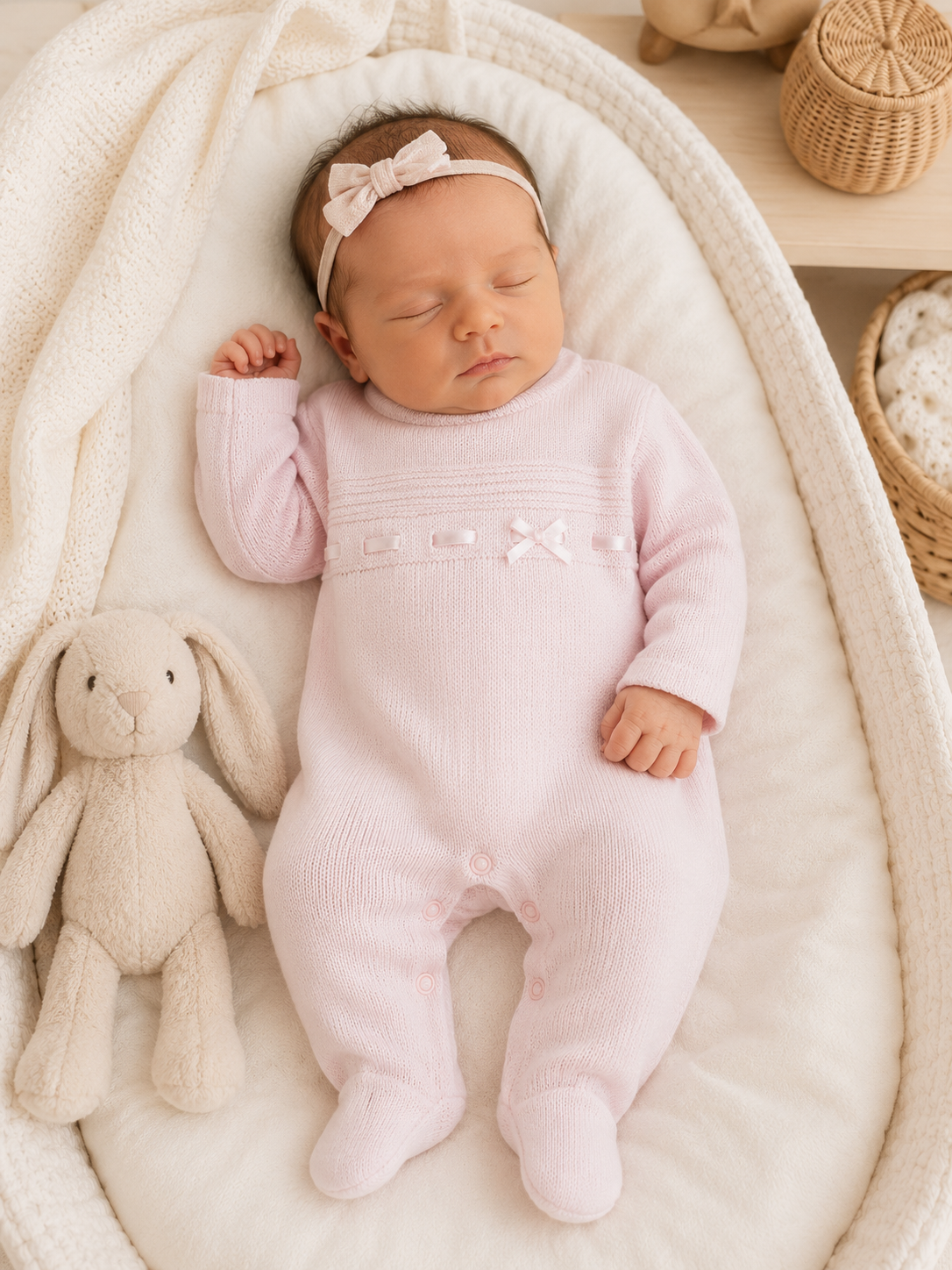 A sleeping newborn baby wearing a light pink ribbed footed one-piece romper and a matching pink bow headband, lying in a cream-colored bassinet next to a plush bunny toy.
