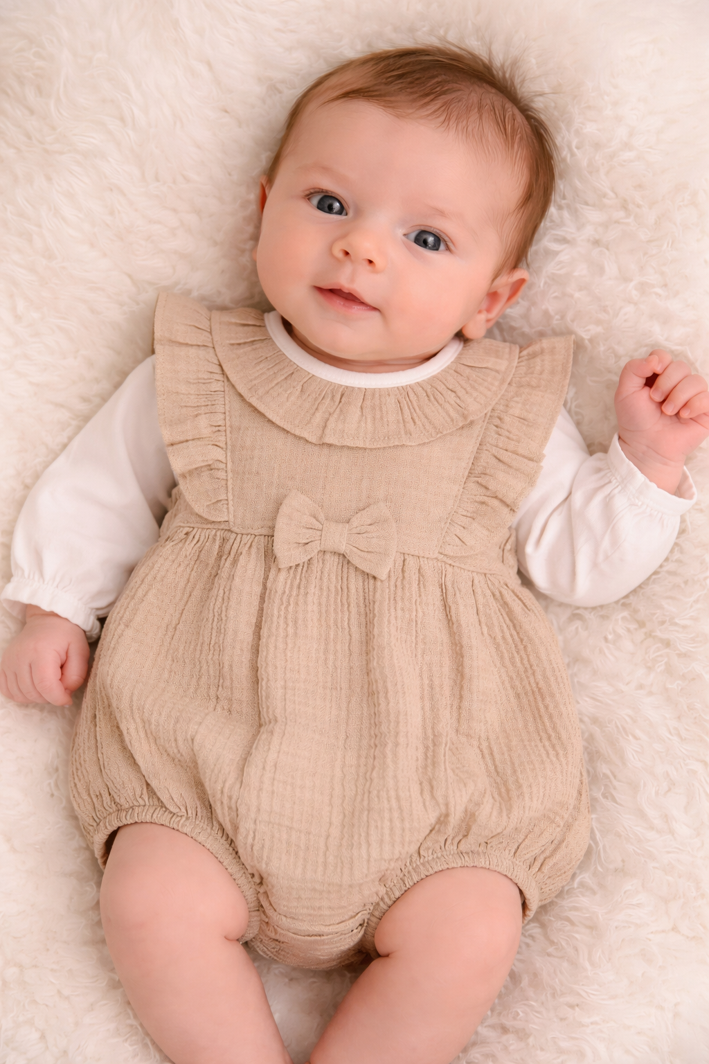 Spanish Muslin Baby Romper Set - Beige Ruffle & Bow Outfit 🎀👶