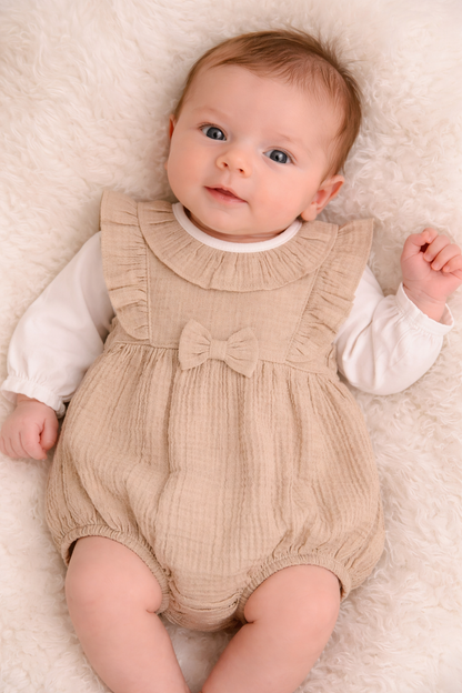 Spanish Muslin Baby Romper Set - Beige Ruffle & Bow Outfit 🎀👶