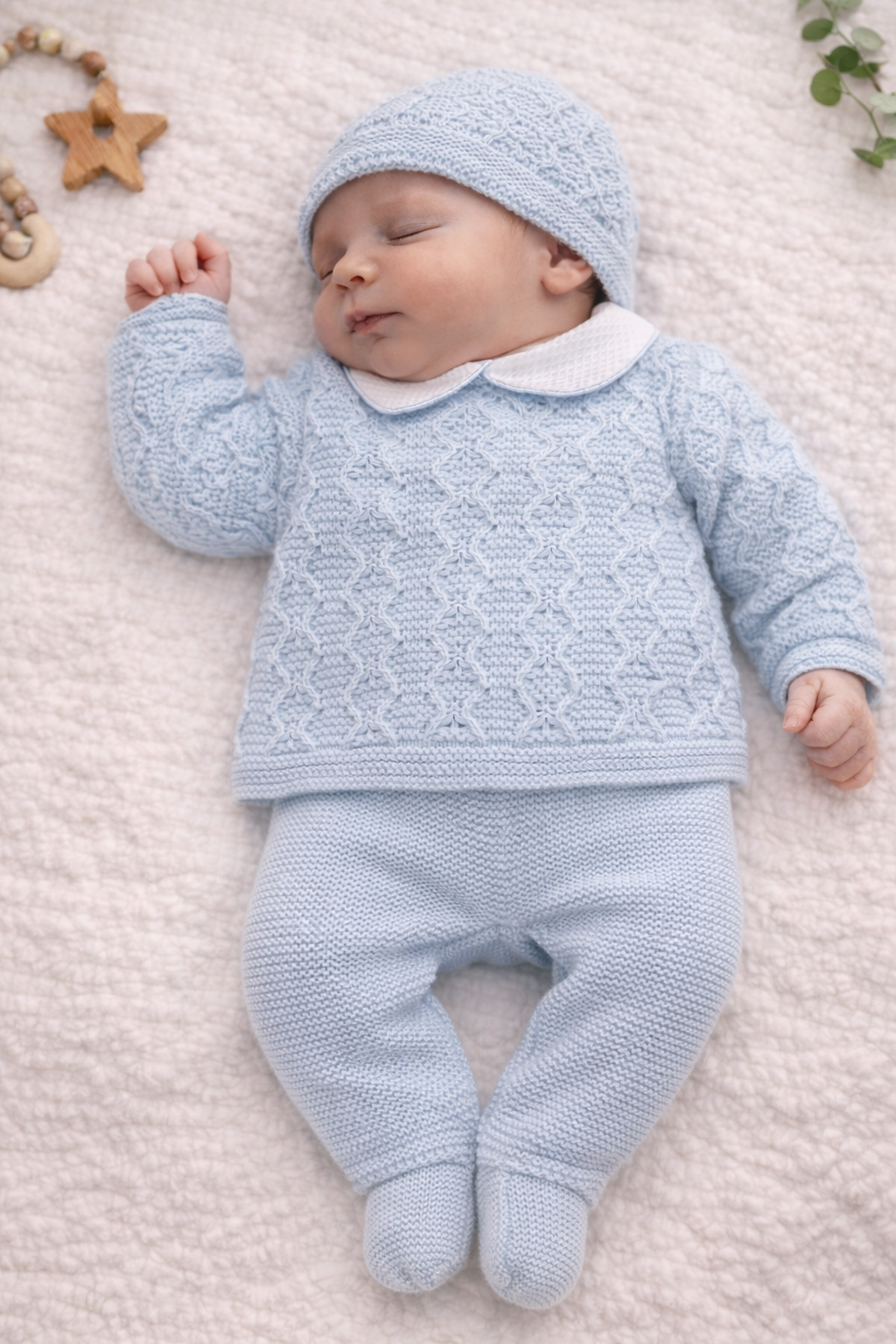 Newborn baby wearing a baby blue Spanish-style knitted outfit with matching top, trousers, and hat, styled on a soft neutral blanket.