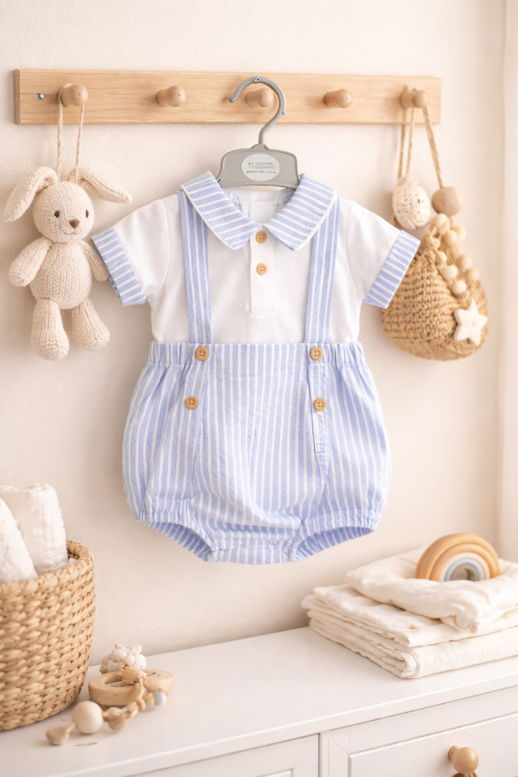 Baby romper with striped pattern hanging on a hook in a nursery setting.