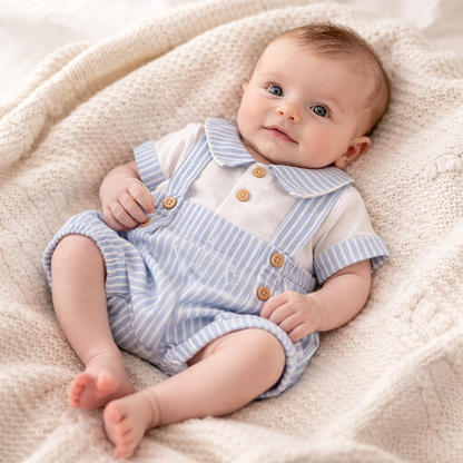 Baby wearing a blue and white striped romper with buttons on a beige blanket
