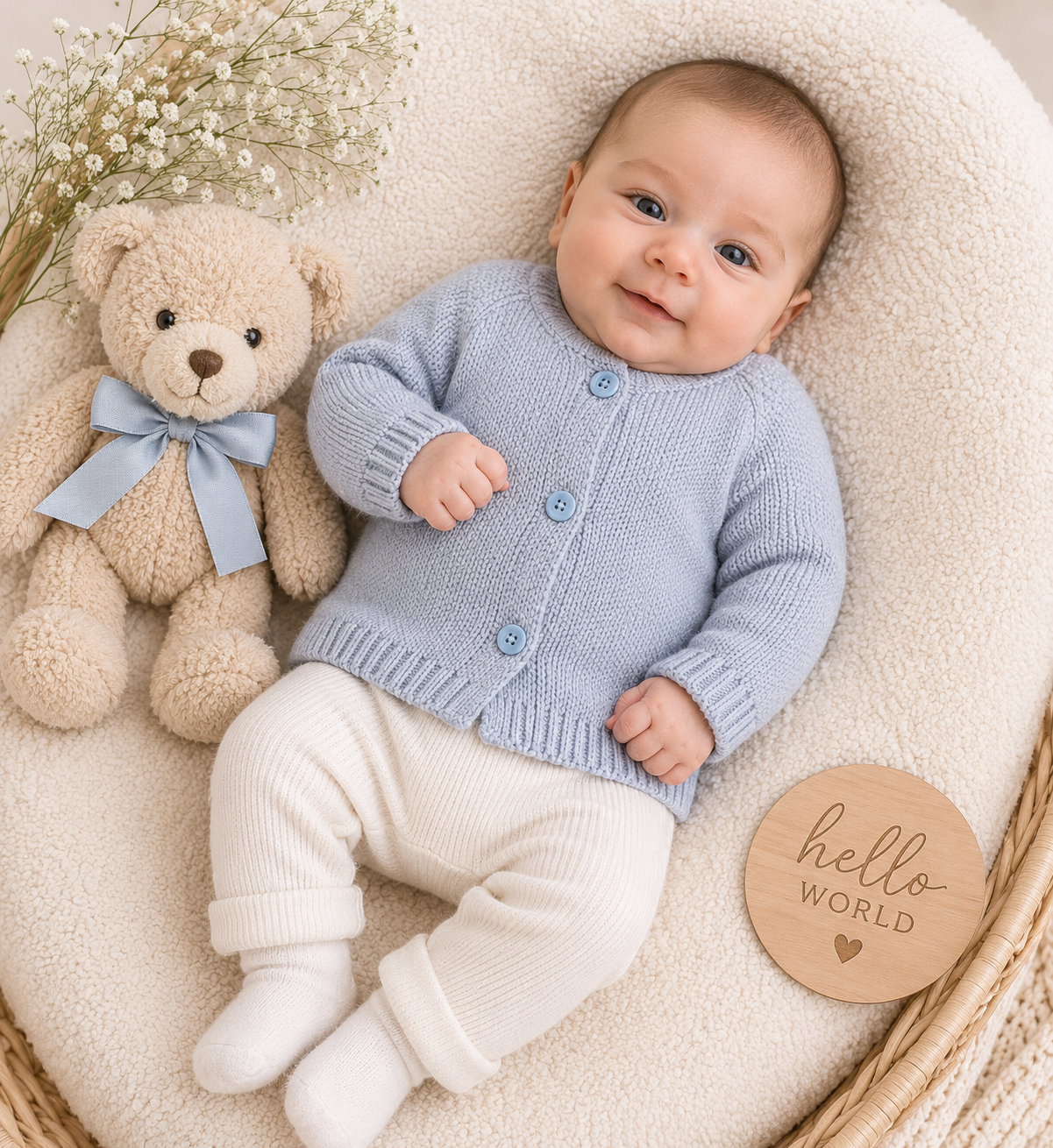 Baby in a blue knitted cardigan and white pants lying next to a teddy bear with a 'hello world' sign.