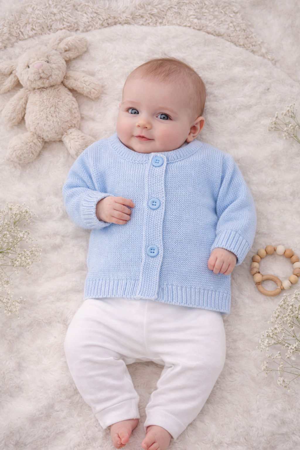 Baby wearing a light blue cardigan and white pants, lying on a soft surface with toys around.