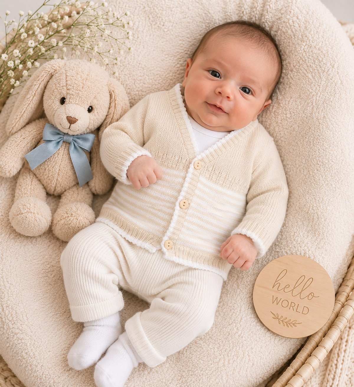 Baby in a cream knitted outfit with a plush bunny toy and 'hello world' sign.