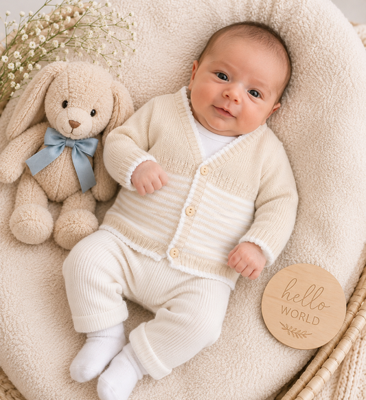 Baby in a cream knitted outfit with a plush bunny toy and 'hello world' sign.