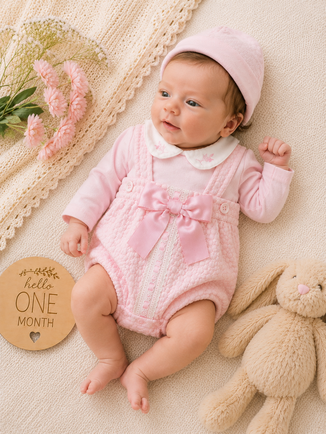 Spanish Style Baby Romper Set with Bow - Pink Floral Dungarees & Headband