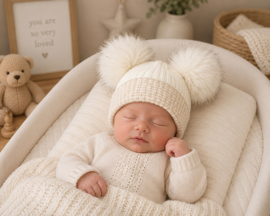 A sleeping newborn baby wearing a cream-colored knit hat with two large fluffy pom-poms and a matching cream knit sweater, lying in a soft cream bassinet. The background is a warm, neutral nursery setting with a teddy bear, framed sign, and woven basket.