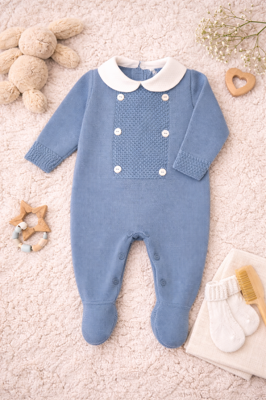 Flat lay of a baby blue knit all-in-one sleepsuit with enclosed feet, white Peter Pan collar, and button detailing on a neutral background.