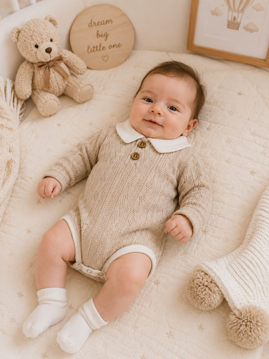 Baby in a beige knitted romper lying on a soft surface with a teddy bear and decorative items.