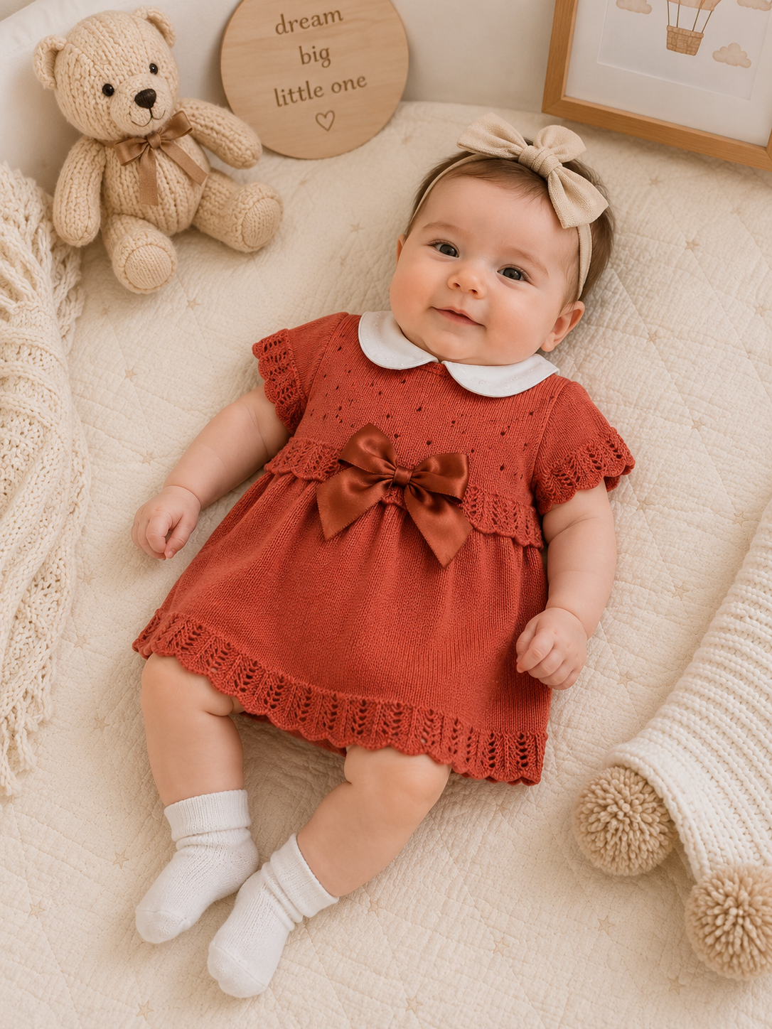Baby in a red dress with a bow, surrounded by toys and a teddy bear on a soft surface.