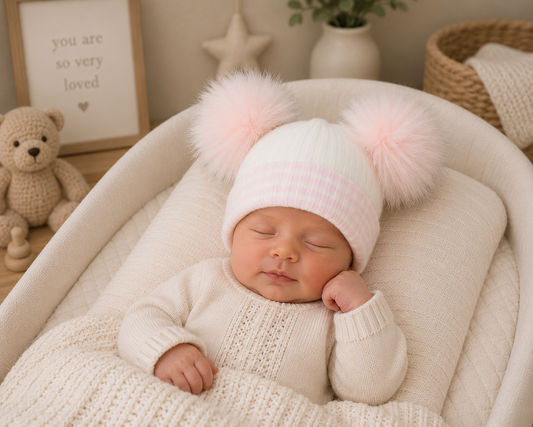 A sleeping newborn baby wearing a cream knit sweater and a matching cream knit hat with two fluffy pale pink pom-poms, lying in a cream bassinet. The background is a soft, warm nursery setting with a teddy bear, framed print, and woven basket.