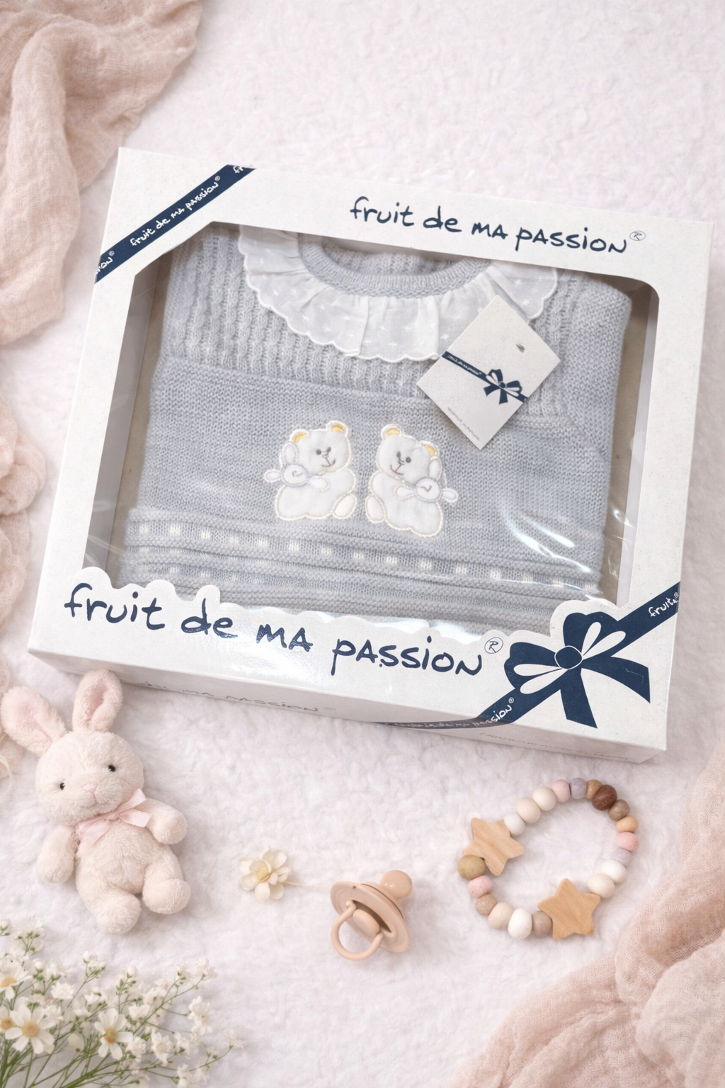 Adorable 3-piece Spanish knit baby set in grey with bunny appliqué.