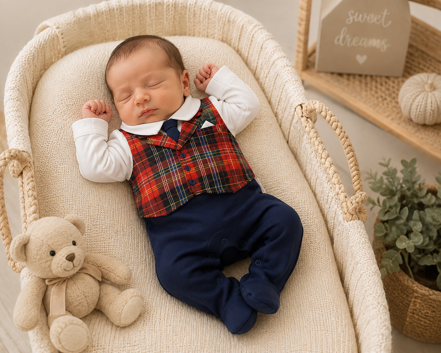Newborn baby wearing tartan Spanish sleepsuit with navy and red tartan waistcoat and tie detail