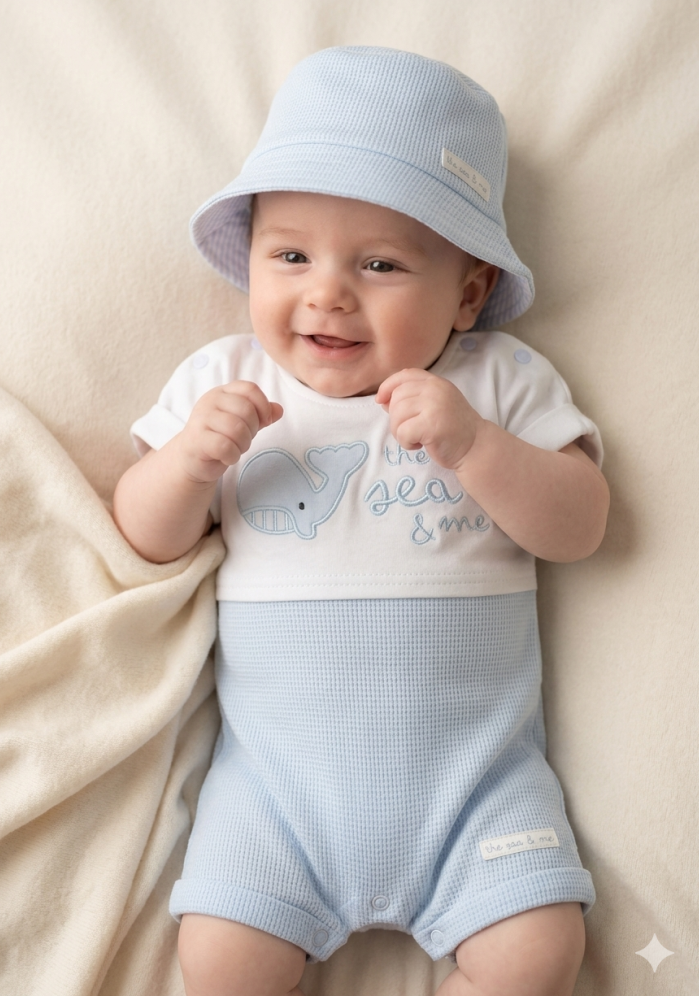 Baby wearing a light blue outfit with a matching hat, lying on a beige blanket.